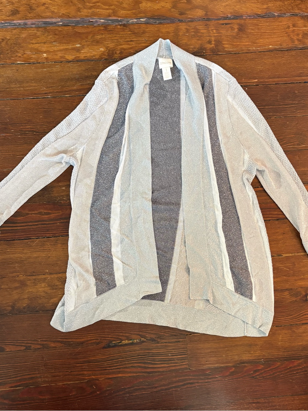 Chicos Metallic Silver Open Front Cardigan Sweater Size 8